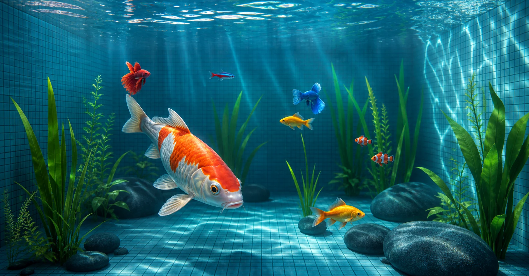 A colorful concept render of Genesis Fish swimming inside the FISHTANQ aquarium